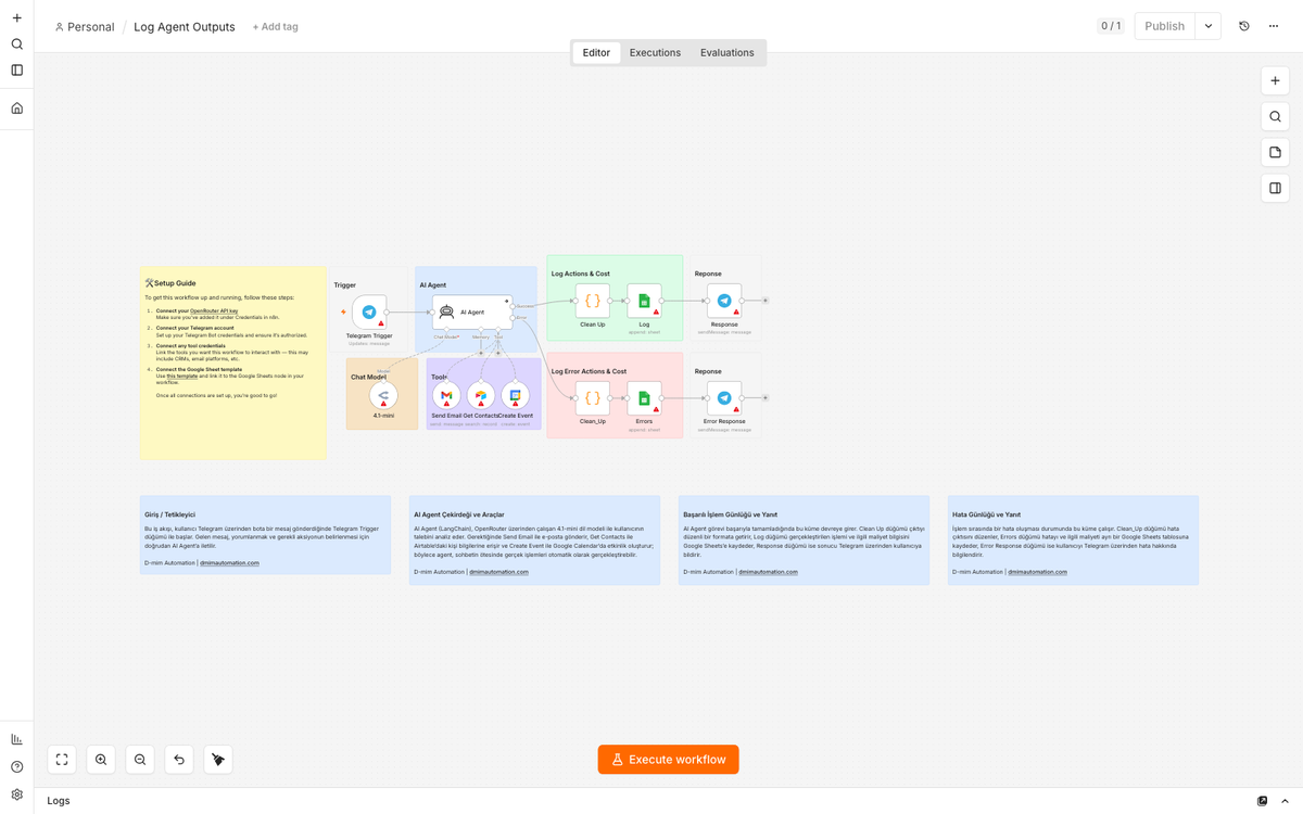 Telegram AI Agent with Action Logging to Google Sheets