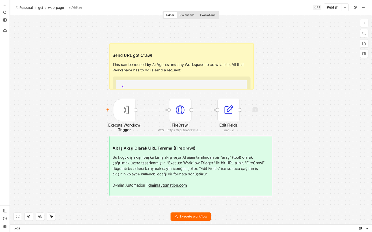 Reusable FireCrawl Sub-Workflow as an AI Agent Tool